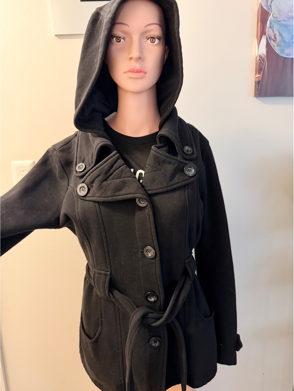 Maurices Women's Black Hooded Belted Coat Medium